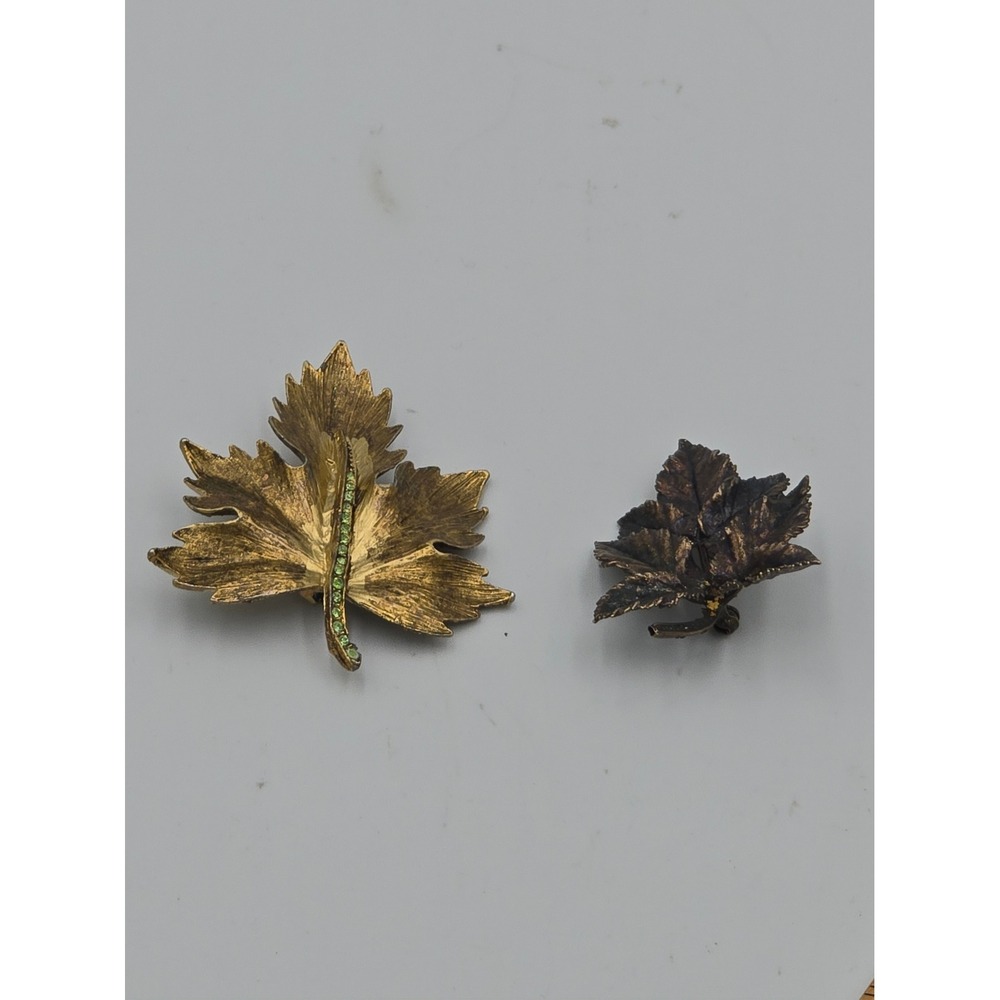 Vtg Autumn Leaf Brooch Lot Gold Tone Rhinestone Maple & Antiqued Bronze Cluster